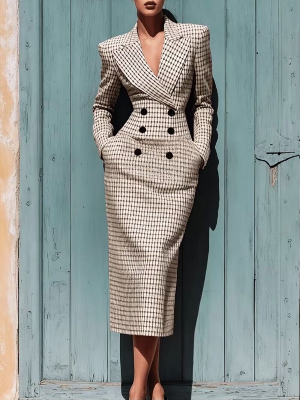 Women'S Plaid Black And White Bazer Midi Dress, Double-Breasted Bodycon